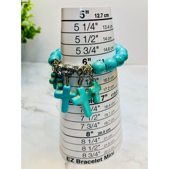 Turquoise Beaded Bracelet Cross Charms Stretch Fit Unique Design-119 - Picture 2 of 2